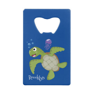 Cute green zee schildpad happy cartoon illustratie kredietkaart flessenopener