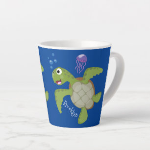 Cute green zee schildpad happy cartoon illustratie latte mok
