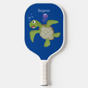 Cute green zee schildpad happy cartoon illustratie pickleball paddle