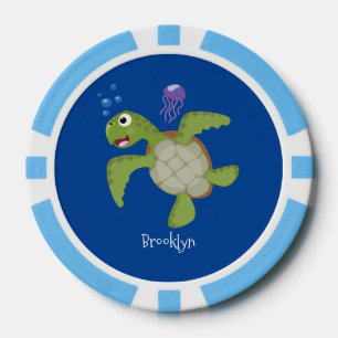 Cute green zee schildpad happy cartoon illustratie poker chips