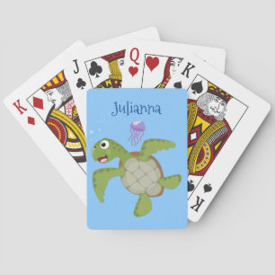 Cute green zee schildpad happy cartoon illustratie pokerkaarten