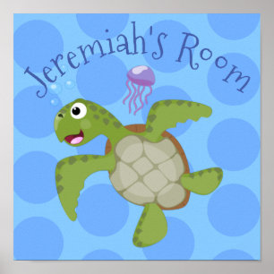 Cute green zee schildpad happy cartoon illustratie poster