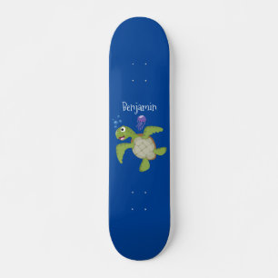 Cute green zee schildpad happy cartoon illustratie skateboard