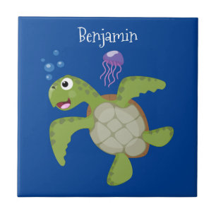 Cute green zee schildpad happy cartoon illustratie tegeltje