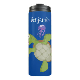 Cute green zee schildpad happy cartoon illustratie thermosbeker