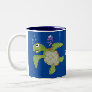 Cute green zee schildpad happy cartoon illustratie tweekleurige koffiemok
