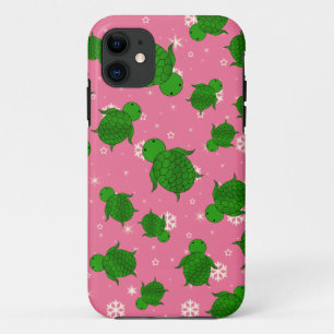 Cute green zee schildpad kerst roze sneeuwvlokken iPhone 11 hoesje