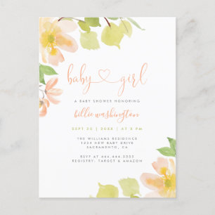 Cute Greenery Blush Floral Script Girl Baby shower Uitnodiging Briefkaart