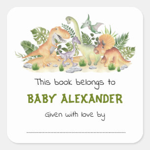 Cute Greenery Dinosaurs Baby shower Bookplaat Vierkante Sticker