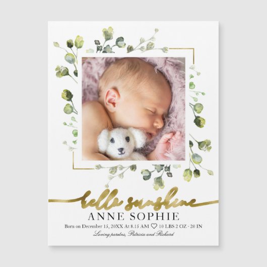 Cute Greenery Photo Birth Announcement Cards (Voorkant)