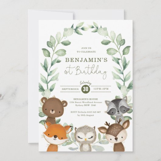 Cute Greenery Woodland Animals 1e verjaardag Kaart (Voorkant)