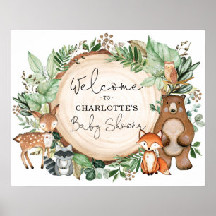 Cute Greenery Woodland Animals Baby shower Welkom Poster