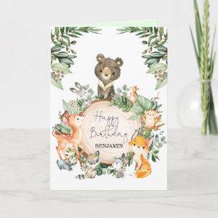 Cute Greenery Woodland Animals Happy Birthday Kaart