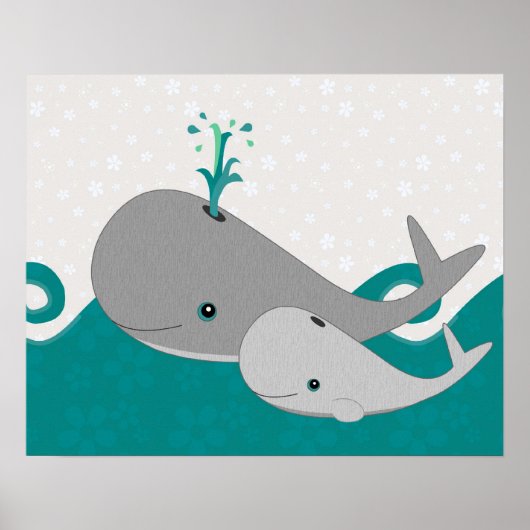 Cute Grey Baby Whale op de Waves Cartoon Poster (Voorkant)