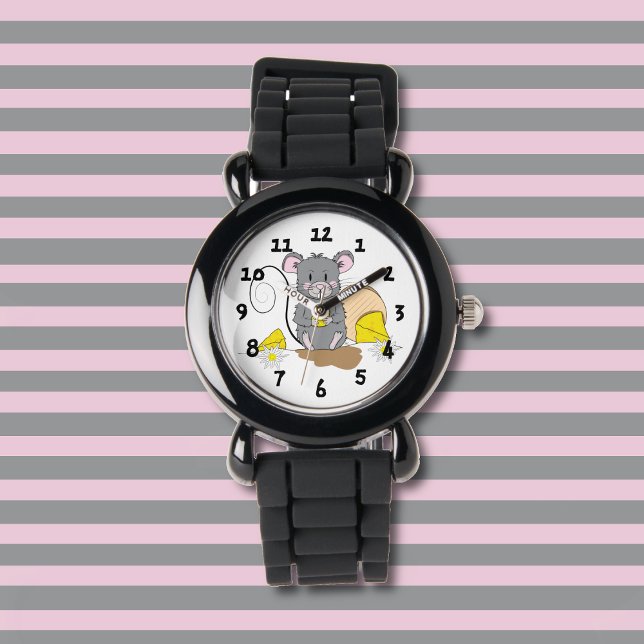 Cute Grey Cartoon Mouse Kind Watch Horloge (Cute kid watch with a gray mouse nibbing on some Swiss cheese .)