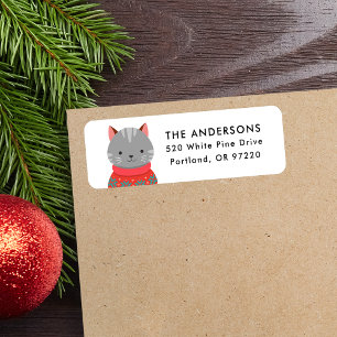 Cute Grey Cat in Sweater kerstreturn Address Etiket