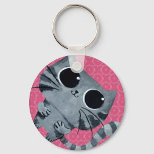 Cute Grey Cat met grote zwarte ogen Sleutelhanger