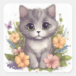 Cute Grey Kat met Flowers Chibi Kawaii Vierkante Sticker