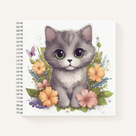 Cute Grey Kitten met Spring Flowers Notitieboek