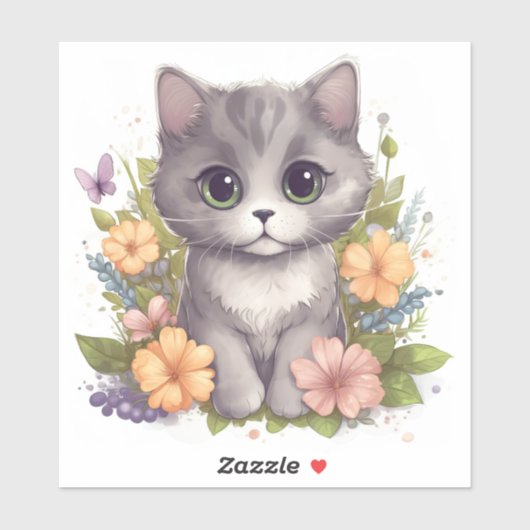Cute Grey Kitten met Spring Flowers Sticker (Vel)
