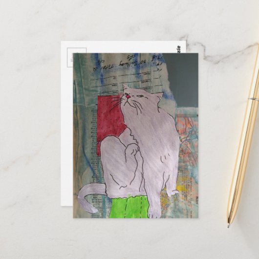 Cute Grey Kitty mixed media collage Briefkaart (Voorkant / Achterkant in situ)