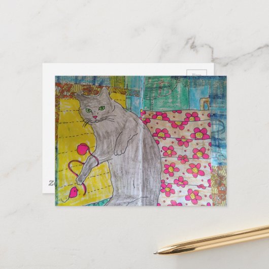 Cute Grey Kitty mixed media collage Briefkaart (Voorkant / Achterkant in situ)