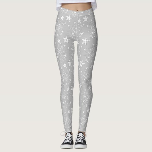 Cute Grey met White Stars Patterned Leggings (Voorkant)