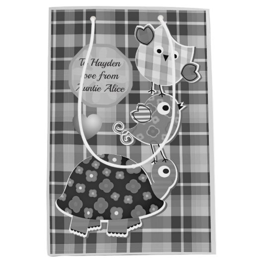 Cute Grey Plaid Turtle and Owl Personalised Medium Cadeauzakje (Voorkant)