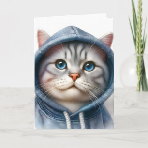 Cute Grijze en Witte Tabby Kat Blauwe Ogen Hoodie Kaart
