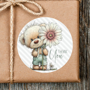 Cute Grijze Strepen Teddy Grote Madeliefjes Baby S Ronde Sticker