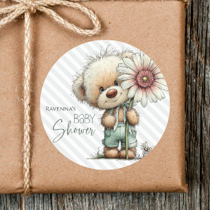 Cute Grijze Strepen Teddy Grote Madeliefjes Baby S Ronde Sticker