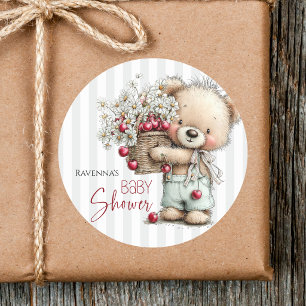 Cute Grijze Strepen Teddy Madeliefje Kers Baby Sho Ronde Sticker