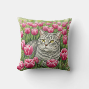 Cute Gris Tulips Chat Coussin de printemps