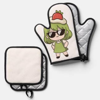 Cute groene haar Anime Chibi-meisje thermisch reis Ovenwant & Pannenlap Set