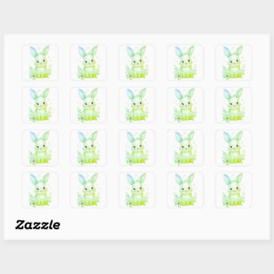 Cute Groene Konijn Feest Thema Pastel Bloemen Vierkante Sticker