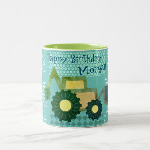 Cute groene turquoise blauwe graafmachine voertuig tweekleurige koffiemok
