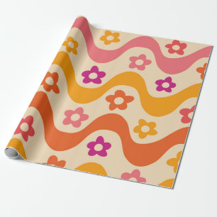 Cute Groovy bloemen patroon op retrogolven Cadeaupapier