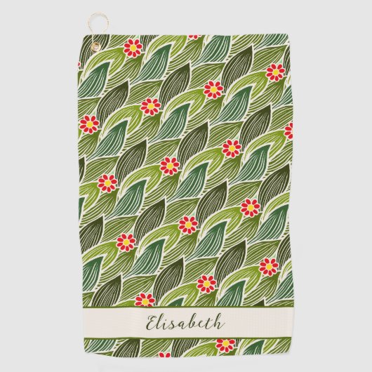 Cute Groovy Hippie Red Green Daisy Floral Pattern Golfhanddoek (Voorkant)