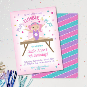Cute Gymnastics Pink Hair Jump Birthday Party Kaart
