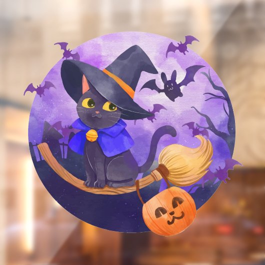 Cute Halloween Black Cat Bats and Witches Broom Raamsticker (Vel 2)