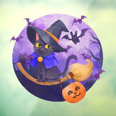 Cute Halloween Black Cat Bats and Witches Broom Raamsticker (Vel 3)