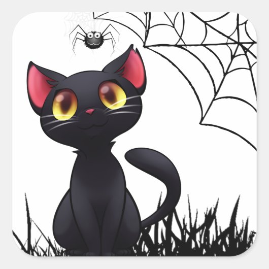 Cute Halloween Black Cat die naar spin kijkt Vierkante Sticker (Voorkant)