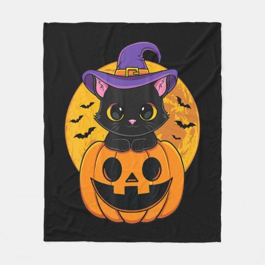 Cute Halloween Black Cat Witch Hat Pumpkin For Kid Fleece Deken (Voorkant)