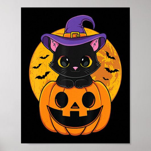 Cute Halloween Black Cat Witch Pet Pumpkin voor Ki Poster (Voorkant)