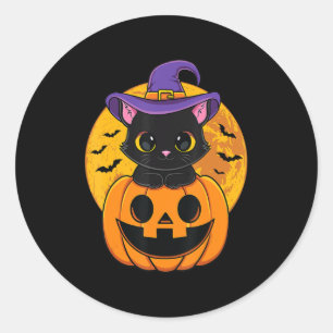 Cute Halloween Black Cat Witch Pet Pumpkin voor Ki Ronde Sticker