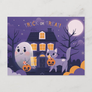 Cute Halloween Cat and a Ghost Briefkaart