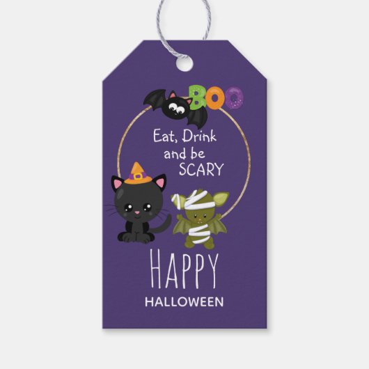 Cute Halloween Cat, Bat & Mummy Boo Cadeaulabel (Voorkant)