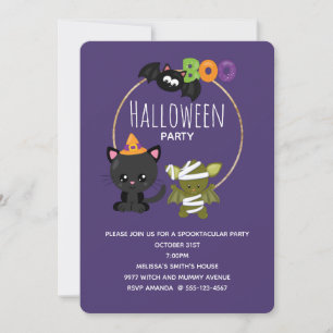 Cute Halloween Cat, Bat & Mummy Boo Kaart
