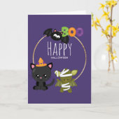 Cute Halloween Cat, Bat & Mummy Boo Kaart (Gele Bloem)