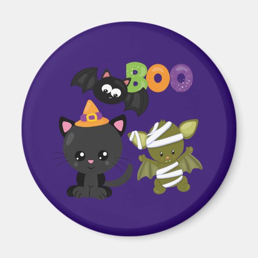Cute Halloween Cat, Bat & Mummy Boo Magneet (Voorkant)